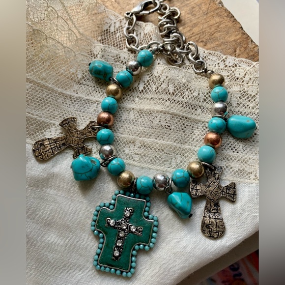 Turquoise Blue Green Cross Rhinestones Boot Chain Jewelry Southwestern Country - Picture 7 of 8